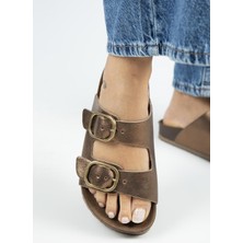 Manijero Jazmin Kadın Hakiki Deri Çift Tokalı Bakır Terlik