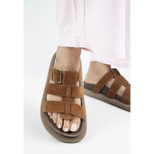 Manijero (Hicks) Kadın Hakiki Deri Tokalı Bantlı Taba Terlik