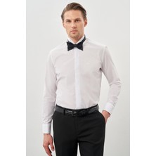 Beyaz Uzun Kol Düz Bez Ayağı Ata Yaka Cepsiz Pamuklu Basic Slim Fit Gömlek 1004250060_600