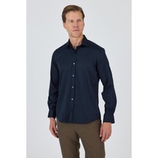 Siyah Yarım Italyan Yaka Cepsiz Gabardin Uzun Kol Slim Fit Esnek Gömlek 1004250235