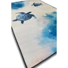 The Reef Design Deniz Kaplumbağası Desenli Dokuma Kaymaz Tabanlı Dijital Baskılı Kablumbağalı Halı