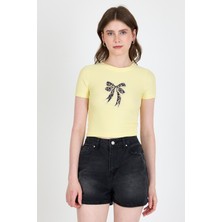 Sarı Leopar Fiyonk Baskılı Taş Detaylı Slim Fit Crop Tişört 0549-1