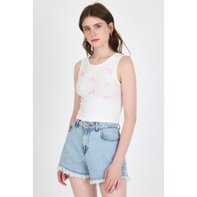 Ekru Fiyonk Işlemeli Crop Örme Atlet 0849