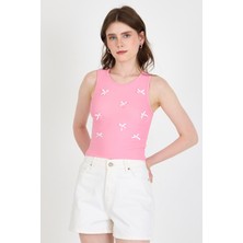 Pembe Fiyonk Işlemeli Crop Örme Atlet 0849