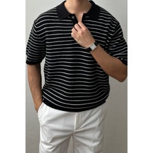 Tarz Cool Erkek Siyah Çizgili Düğmeli Regular Fit Triko T-Shirt