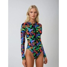 Kadın Siyah Çok Renkli Tül Yüzücü Mayo HZL25S-LC67387