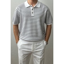 Tarz Cool Erkek Beyaz Çizgili Düğmeli Regular Fit Triko T-Shirt