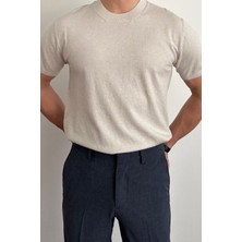Tarz Cool Erkek Bej Slim Fit Bisiklet Yaka Triko T-Shirt
