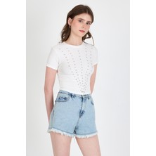 Ekru Bisiklet Yaka Taş Işleme Detaylı Slim Fit Crop Tişört 1149
