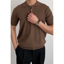 Tarz Cool Erkek Kahverengi Düğmeli Regular Fit Triko T-Shirt