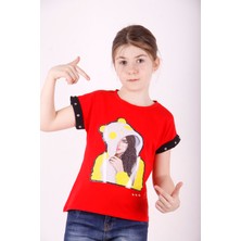 Toontoy Kız Çocuk Kız Baskılı Kolları Inci Detaylı Tişört