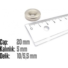 Labshop41 Neodyum Mıknatıs Yuvarlak Havşalı Çap 20MM (Delik 10/5.5mm) Kalınlık 5mm 2 Adet