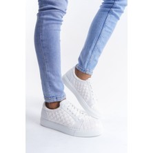 ET166 Prestige Bağcıklı Cilt Kapitone Desenli Erkek Günlük Sneaker Ayakkabı Bt - Beyaz