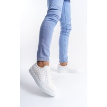 ET166 Prestige Bağcıklı Cilt Kapitone Desenli Erkek Günlük Sneaker Ayakkabı Bt - Beyaz