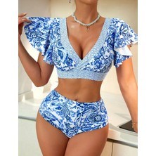 Çiçek Desenli V Yaka Ruffle Kollu Bikini