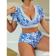 Çiçek Desenli V Yaka Ruffle Kollu Bikini