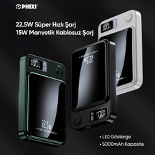 Phixi Force PW5 5000mAh 22.5W MagSafe Powerbank  - Kablosuz Mini Şarj Cihazı - 1 USB 1 PD Port - Dijital Ekran - Taşınabilir Şarj Cihazı