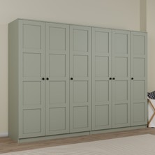 Lucas 6 Kapaklı,15 Raf Bölmeli Yüklük & Askılıklı Geniş Elbise Dolabı-Gardırop Kül Yeşili 190X270 cm