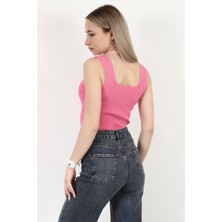 Kadın 2`li Kare Yaka Kalın Askılı Triko Bluz Pembe Beyaz - 2000