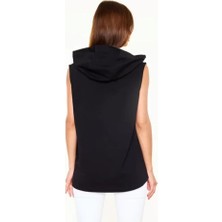 Modavera Unisex Kapşonlu Kolsuz Düz Oversize T-Shirt - Siyah