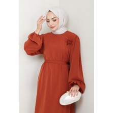 Broş Detaylı Ayrobin Elbise 1545 - Kiremit