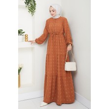 Katlı Ponponlu Ayrobin Elbise 1550 - Kiremit