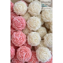 Pembe ve Beyaz 4'lü Set - Pudra ve Vanilya Kokulu Dekoratif Şakayık Çiçeği Mumu - Çap: 7 Cm, H: 3 C