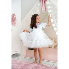 Parıltılı Pullu Tül Etekli Fiyonk Detaylı Kız Çocuk Beyaz Düşler Elbisesi