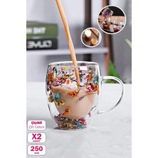 2'li Çift Cidarlı Çiçekli Bardak 250ML Kahve Çay Bardağı El Yapımı Kulplu Borosilikat Cam Bardağı