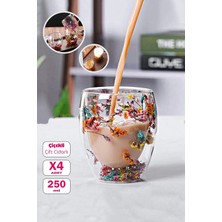 4'lü Çift Cidarlı Çiçekli Bardak 250ML El Yapımı Flower Cup Borosilikat Çay Kahve Sunum Bardağı