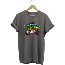 Fishing Balıkçılık Baskılı Levrek Balığı %100 Pamuk Regular Fit Bisiklet Yaka T-Shirt