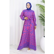 Sefa Merve Desenli Kuşaklı Elbise 2091-01 Fuşya Saks