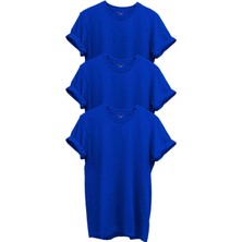 3'lü Saks Mavi %100 Pamuk Regular Fit Bisiklet Yaka Premium T-Shirt