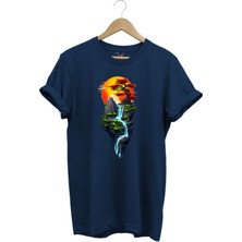 Manzara Ağaç Güneş Dağ ve Nehir Baskılı %100 Pamuk Regular Fit Bisiklet Yaka T-Shirt