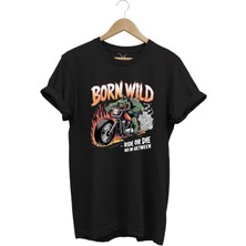 Motorsiklet Born Wild Ride Or Die Baskılı Kuru Kafa %100 Pamuk Regular Fit Bisiklet Yaka T-Shirt