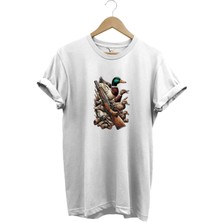 Hunting Avcılık Baskılı Ördek Avı ve Tüfek Baskılı %100 Pamuk Regular Fit Bisiklet Yaka T-Shirt