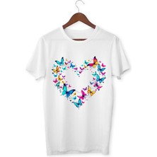 Alpşan Ticaret Kelebekli Çocuk Yetişkin Beyaz T-Shirt Kalpli Kelebekli Unisex Çocuk Tişört