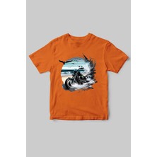 Motorcu Temalı Chopper Motorsiklet ve Deniz Baskılı Regular Fit %100 Pamuk Bisiklet Yaka T-Shirt