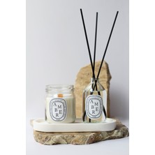 (Tabak Hariçtir) Amber Kokulu Ahşap Fitilli Mum ve Oda Kokusu Seti ( Altlık Hariçtir)