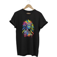 Renkli Kızılderili Baskılı %100 Pamuk Regular Fit Bisiklet Yaka T-Shirt