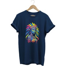 Renkli Kızılderili Baskılı %100 Pamuk Regular Fit Bisiklet Yaka T-Shirt