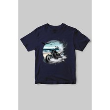 Motorcu Temalı Chopper Motorsiklet ve Deniz Baskılı Regular Fit %100 Pamuk Bisiklet Yaka T-Shirt