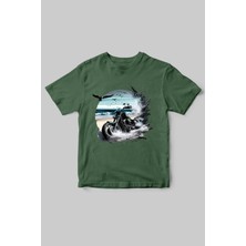 Motorcu Temalı Chopper Motorsiklet ve Deniz Baskılı Regular Fit %100 Pamuk Bisiklet Yaka T-Shirt