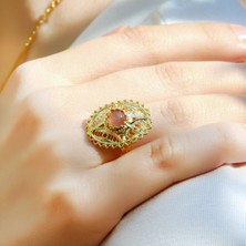 Doğal Taş Pembe Kuvars Doğal Taşlı Telkari Modelli Kadın Ayarlanabilir Altın Kaplama Yüzük EUY65PKG