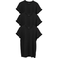3'lü Siyah %100 Pamuk Regular Fit Bisiklet Yaka Premium T-Shirt