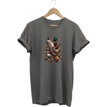 Widi Hunting Avcılık Baskılı Ördek Avı ve Tüfek Baskılı %100 Pamuk Regular Fit Bisiklet Yaka T-Shirt