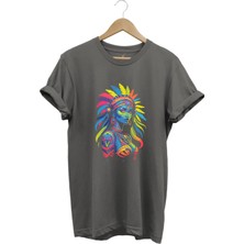 Renkli Kızılderili Baskılı %100 Pamuk Regular Fit Bisiklet Yaka T-Shirt