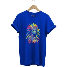 Renkli Kızılderili Baskılı %100 Pamuk Regular Fit Bisiklet Yaka T-Shirt