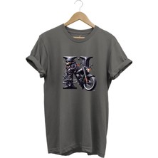 N Harfi Baskılı Motosiklet Kuru Kafa %100 Pamuk Regular Fit Bisiklet Yaka T-Shirt