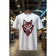 Asil Kurt Yalnız Kurt Baskılı %100 Pamuk Regular Fit Bisiklet Yaka Beyaz T-Shirt